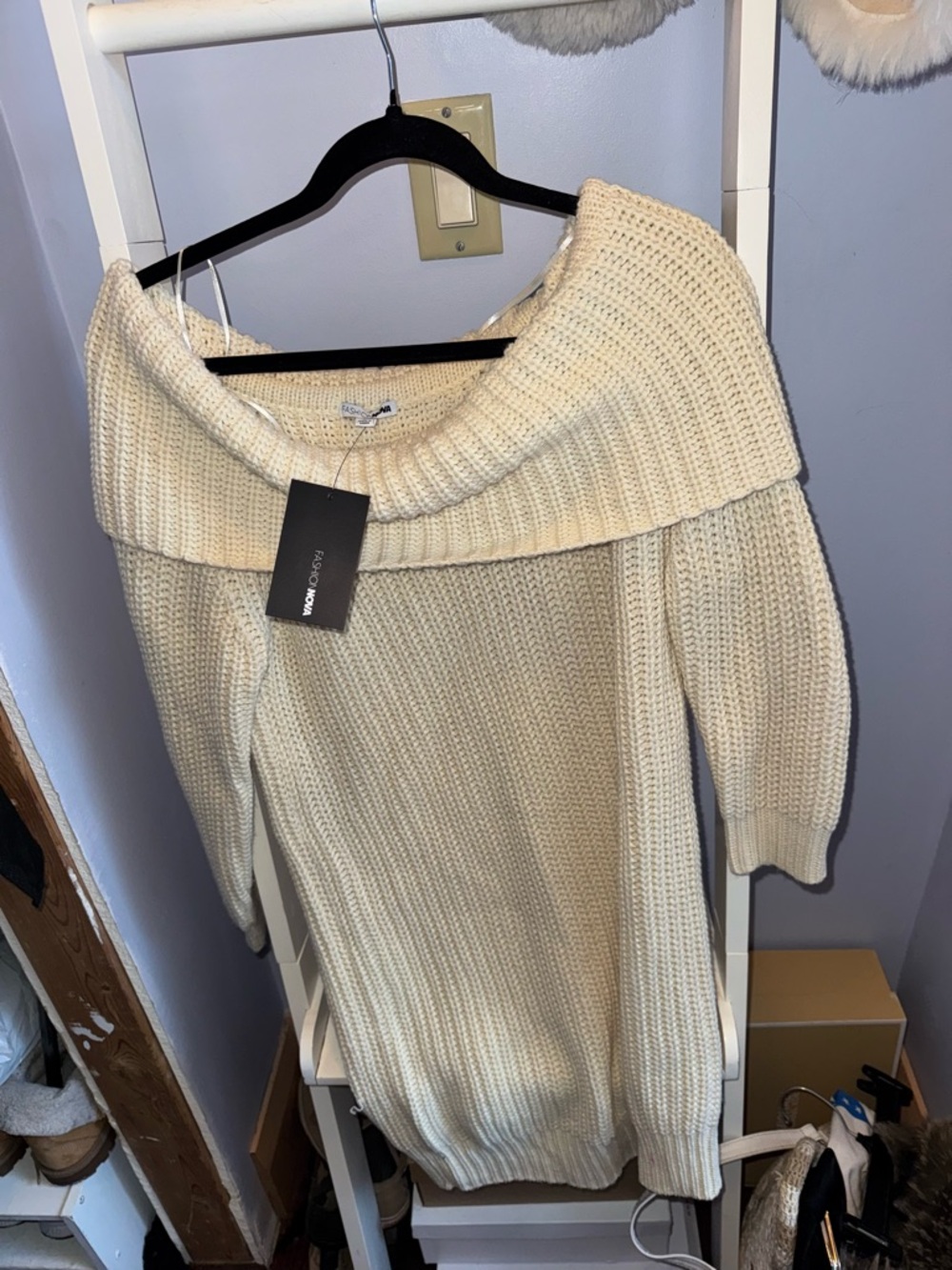 Fashion Nova Cream Off-Shoulder Knit Sweater Dress